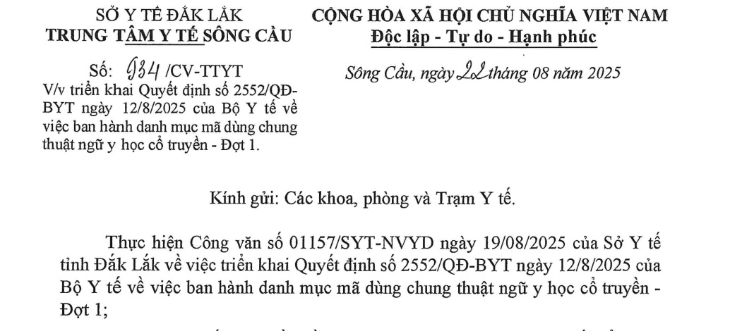V/v triển khai QĐ số 2552/QĐ-BYT ngày 12/8/2025  của Bộ Y tế ban hành DM mã dùng chung thuật ngữ YHC